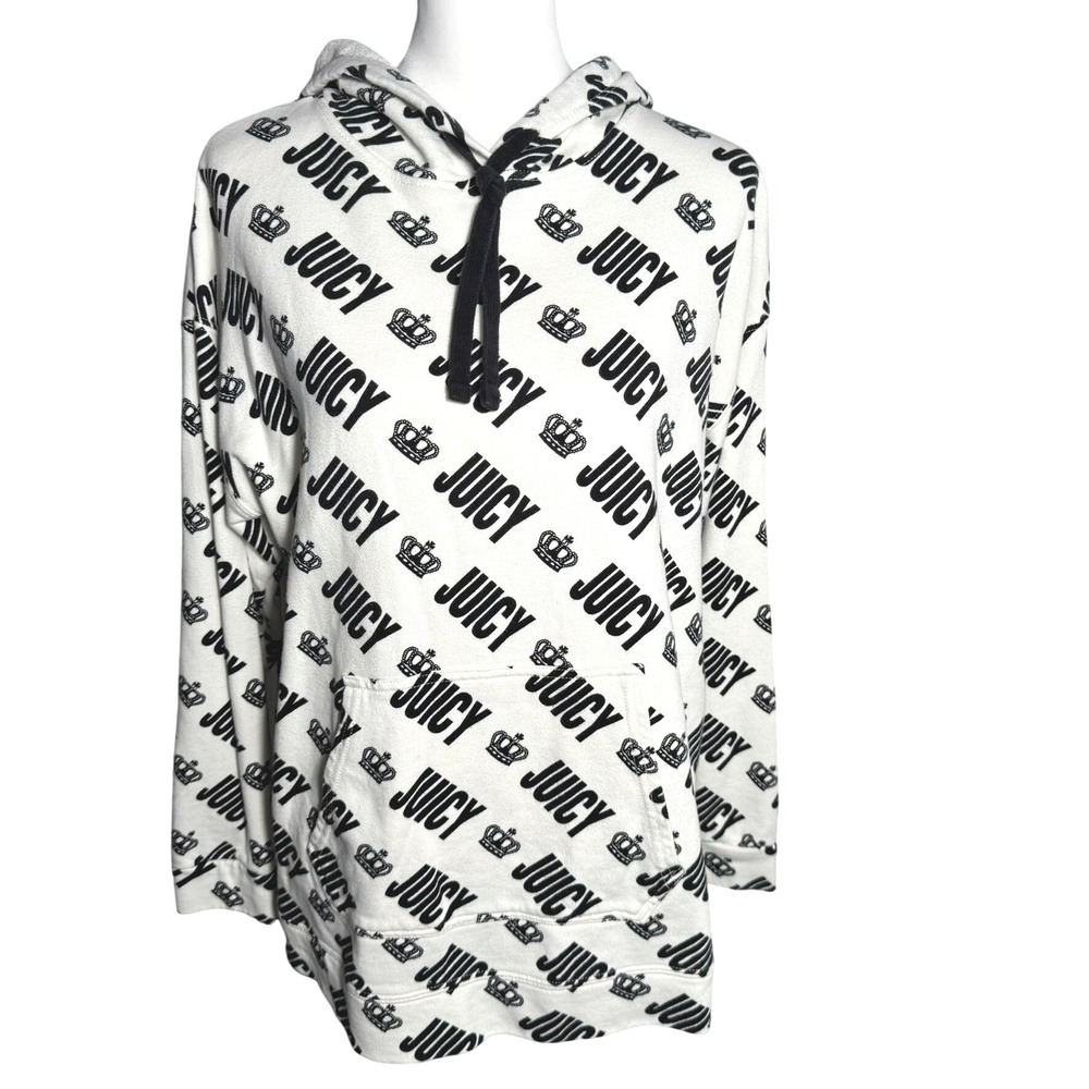JUICY COUTURE XL Black White‎ All Over Logo Crown Hoodie Pullover Sweatshirt